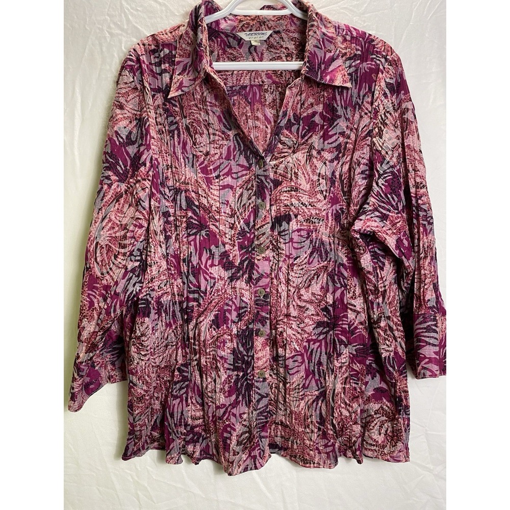 Boho‎ Tropical Floral Tantrums Womens 2XL Batik Blouse Pink Multicolor